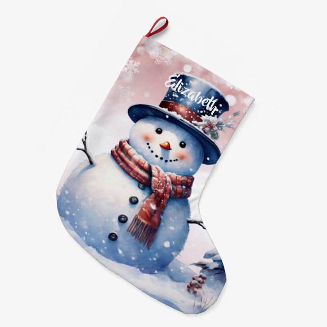 Winter Forest Snowman | Pink Großer Weihnachtsstrumpf (Vorderansicht (hängend))