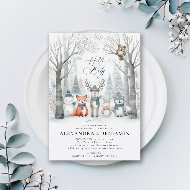 Winter Forest Woodland Animals Coed Baby Dusche Einladung (winter baby shower invitation neutral white wonderland enchanted forest woodland animals coed modern)