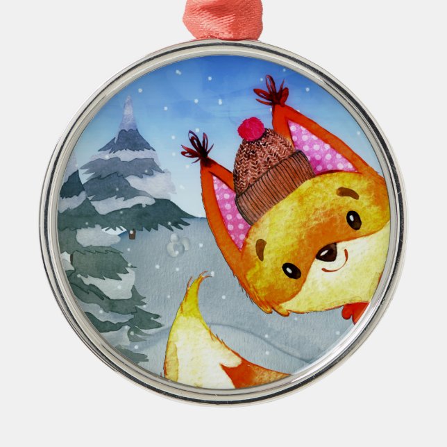 Winter Forest Woodland Friends Fox Illustration Ornament Aus Metall (Vorne)