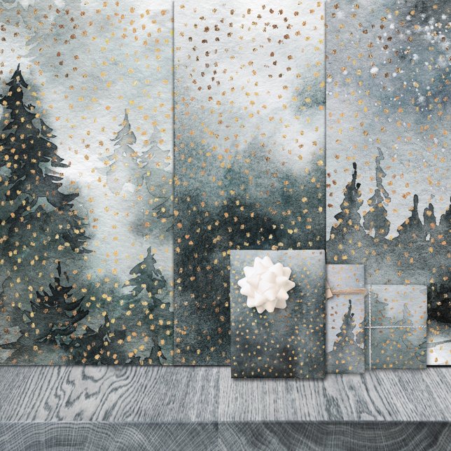 Winter Forest Woodland Golden Snow Watercolor Geschenkpapier Set (Winter Forest Woodland Golden Snow Watercolor Christmas Holiday Gift Wrapping Paper Sheets Trio)