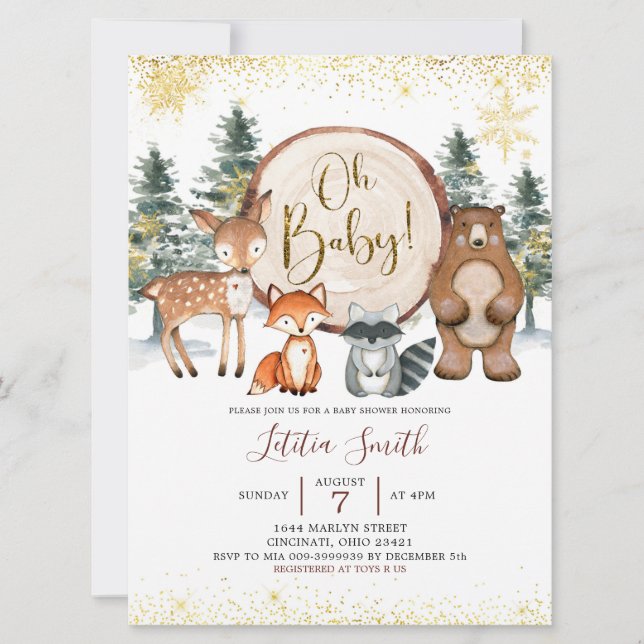 Winter Forest Woodland Oh Baby Dusche einladen Einladung (Vorderseite)