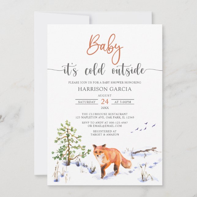 Winter Fox Baby Es ist kalte Außendusche Einladung (Vorderseite)