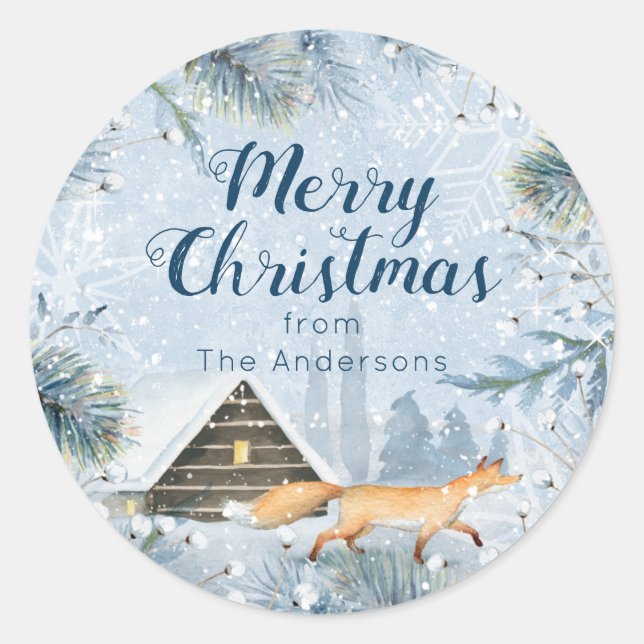 Winter Fox Cabin Schnee Personalisiert Weihnachten Runder Aufkleber (Vorderseite)