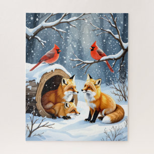 Winter Fox Familie mit Kardinälen im Snowy Forest