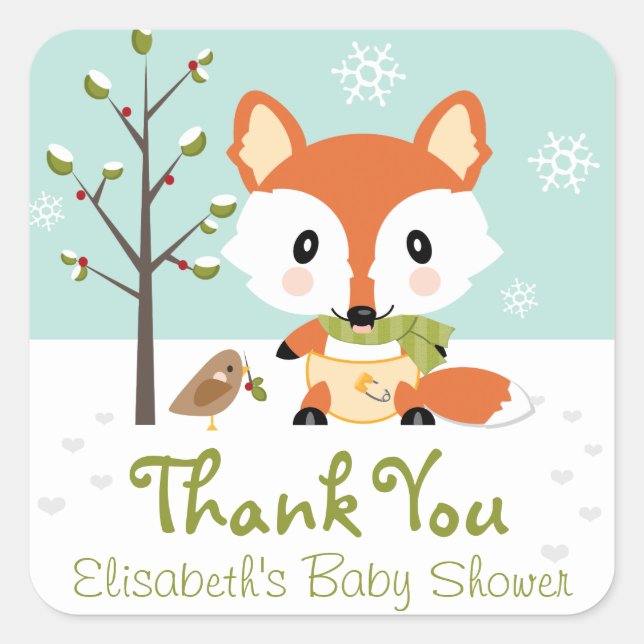 WINTER FOX IN DIAPERS BABY SHOWER DANKE QUADRATISCHER AUFKLEBER (Vorderseite)