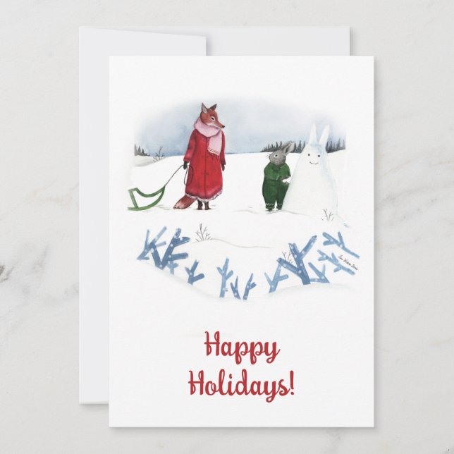 Winter Fox Rabbit Illustration Weihnachtskarte Einladung (Vorderseite)