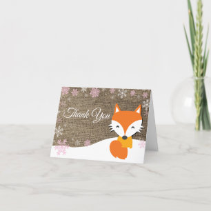 Winter Fox Snowflake Pink Burlap Danke Karte