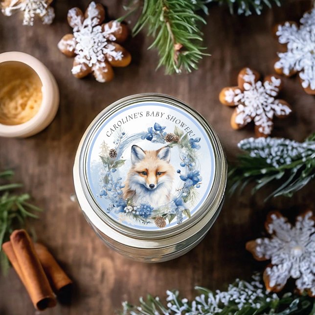 Winter Fox Watercolor Kinderdusche Runder Aufkleber (Winter Fox Watercolor Baby Shower Classic Round Sticker)