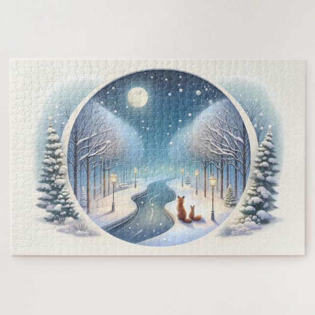 Winter Foxes by Moonlit Snowy River (Horizontal)