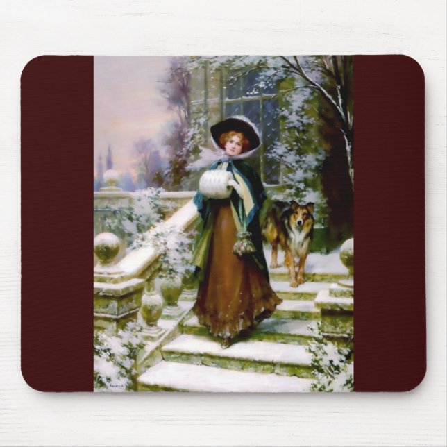 Winter-Frauen-Collie-Hundeviktorianische Handmuffe Mousepad (Vorne)