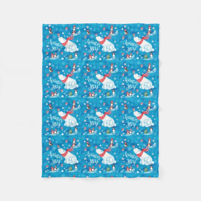 Winter-Freude-Eisbär und Pinguine im Schnee Fleecedecke (Vorderseite)