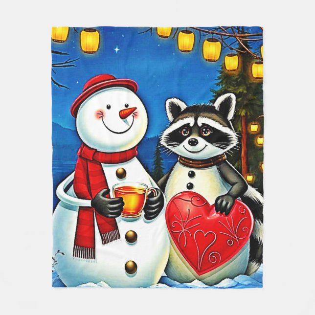 Winter Freunde: Schneemann & Waschbär Joy Design  Fleecedecke (Vorderseite)