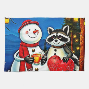 Winter Freunde: Schneemann & Waschbär Joy Design Geschirrtuch