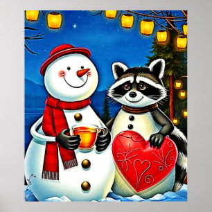 Winter Freunde: Schneemann & Waschbär Joy Design Poster