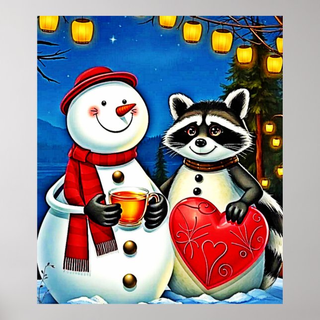 Winter Freunde: Schneemann & Waschbär Joy Design  Poster (Vorne)