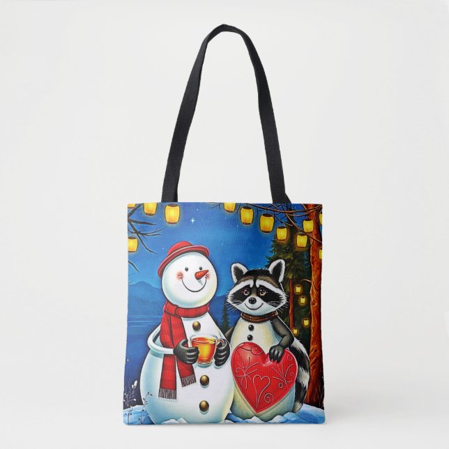 Winter Freunde: Schneemann & Waschbär Joy Design  Tasche (Vorderseite)