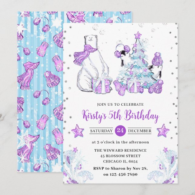 Winter Friends Polar Bear & Pinguine Kindergeburts Einladung (Vorne/Hinten)