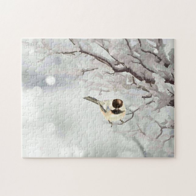 Winter Frosty Tree Chickadee Bird (Horizontal)