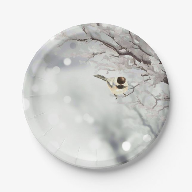 Winter Frosty Tree Chickadee Bird Art Pappteller (Vorderseite)