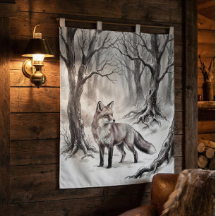 Winter-Fuchs-Teppich   Schnee-Wald-Kunst Wandteppich