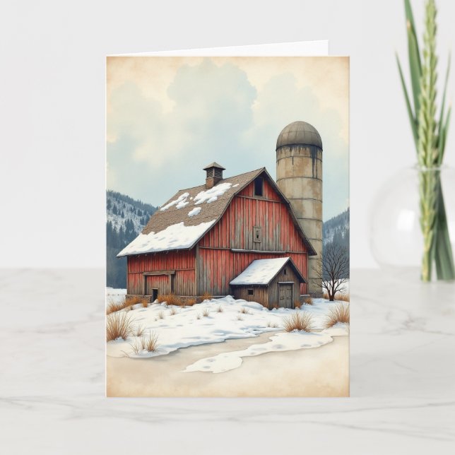 Winter Geburtstag Schnee Scheune Karte (Vorderseite)