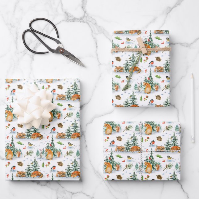 Winter gemütliche Natur Fox Kaninchen Birds Pine C Geschenkpapier Set (Vorderseite)