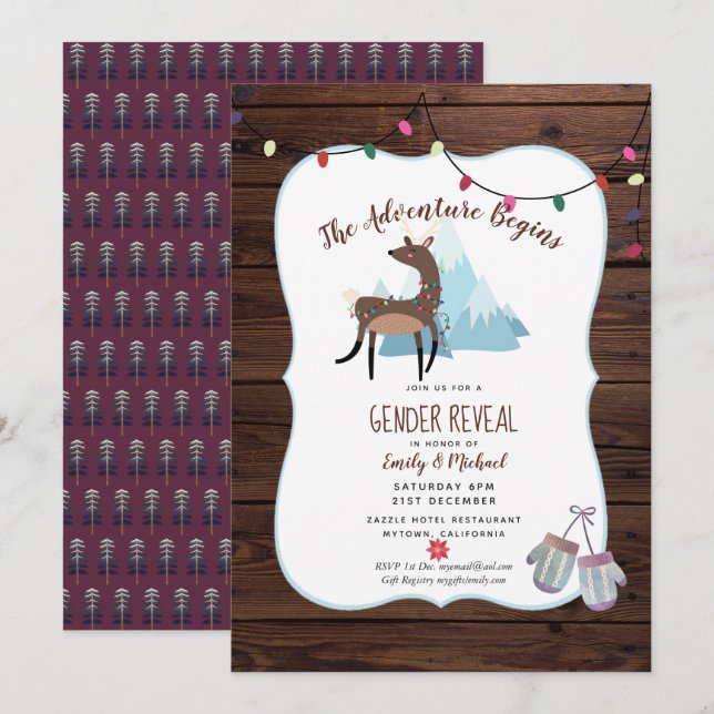Winter Gender Reveal Einladung Adventure beginnt (Vorne/Hinten)