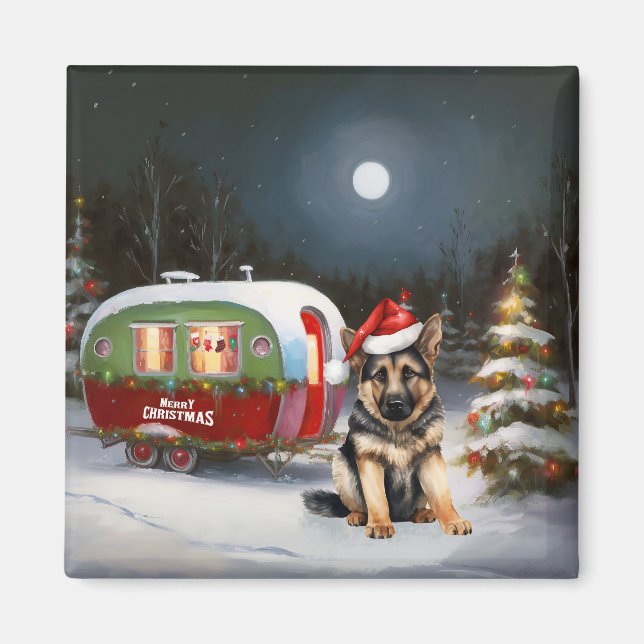 Winter German Shepherd Caravan Weihnachtsabenteuer Magnet (Vorne)