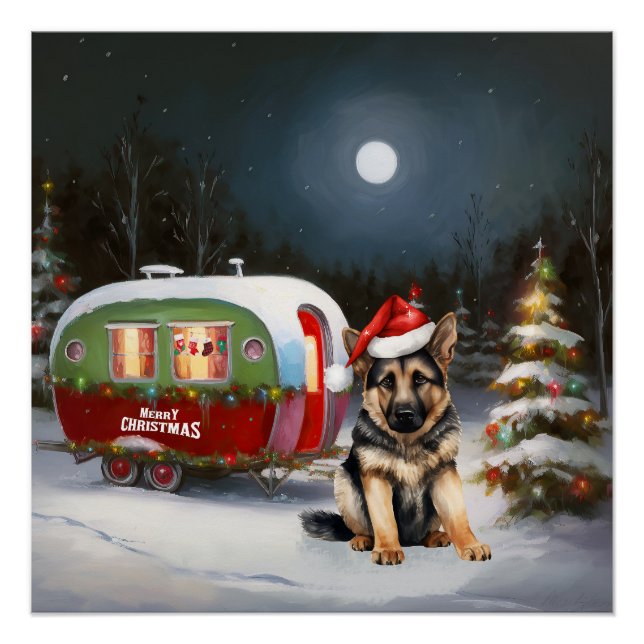 Winter German Shepherd Caravan Weihnachtsabenteuer Poster (Vorderseite)