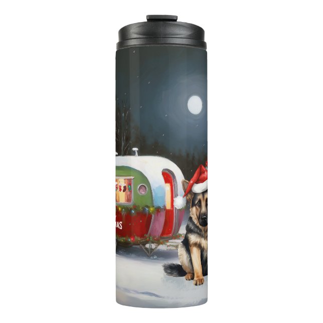 Winter German Shepherd Caravan Weihnachtsabenteuer Thermosbecher (Vorderseite)