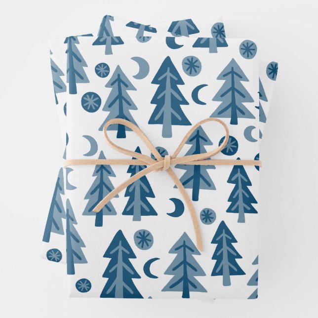 Winter-Geschenk im Blau-Weiß-Baum-Muster Geschenkpapier Set (Beispiel)