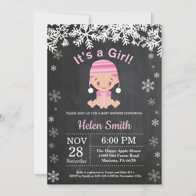 Winter Girl Baby Shower Snowflake Einladung (Vorderseite)