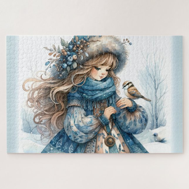 Winter Girl mit Vogel in Blue Floral Coat (Horizontal)
