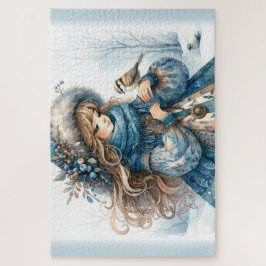 Winter Girl mit Vogel in Blue Floral Coat