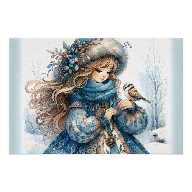 Winter Girl mit Vogel in Blue Floral Coat Poster (Vorderseite)