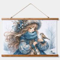 Winter Girl mit Vogel in Blue Floral Coat