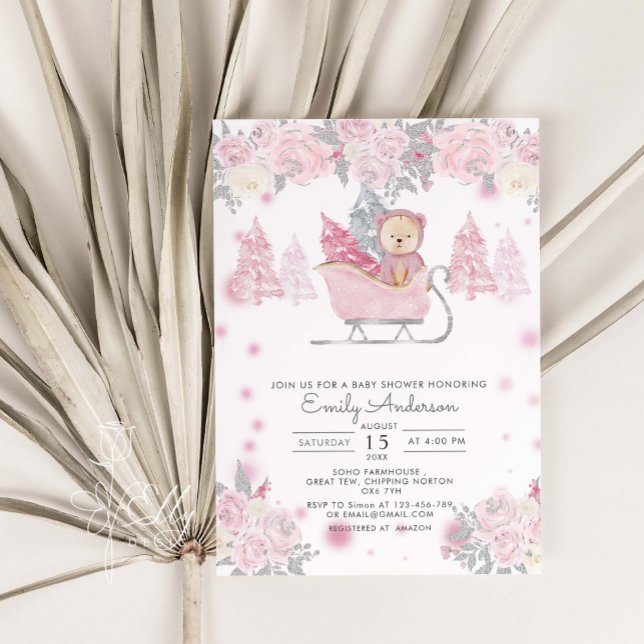 Winter Girl Woodland Bear Floral Baby Dusche Einladung (Von Creator hochgeladen)