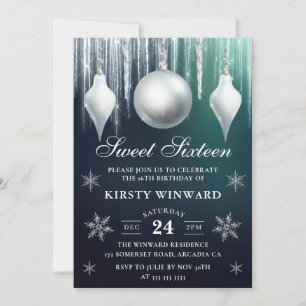 Winter Glas-Anhänger & Schneeflocken Sweet Sixteen Einladung