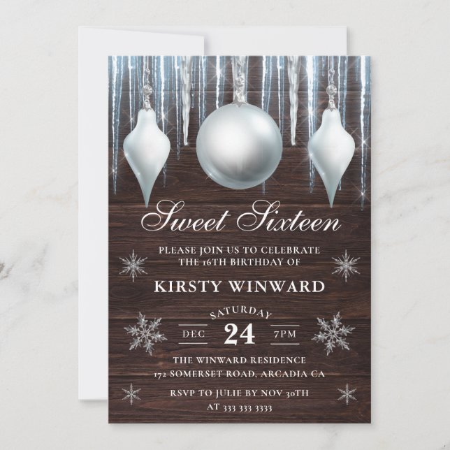 Winter Glass Baubles & Snowflakes 16 . Geburtstag Einladung (Vorderseite)