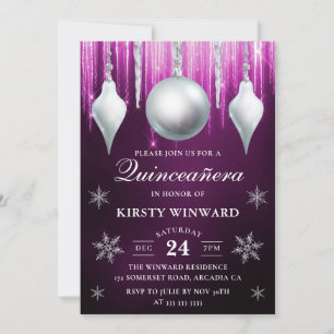 Winter Glass Baubles & Snowflakes Quinceanera Einladung