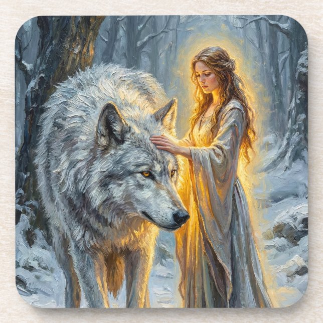 Winter Goddess & White Wolf Getränkeuntersetzer (Vorderseite)
