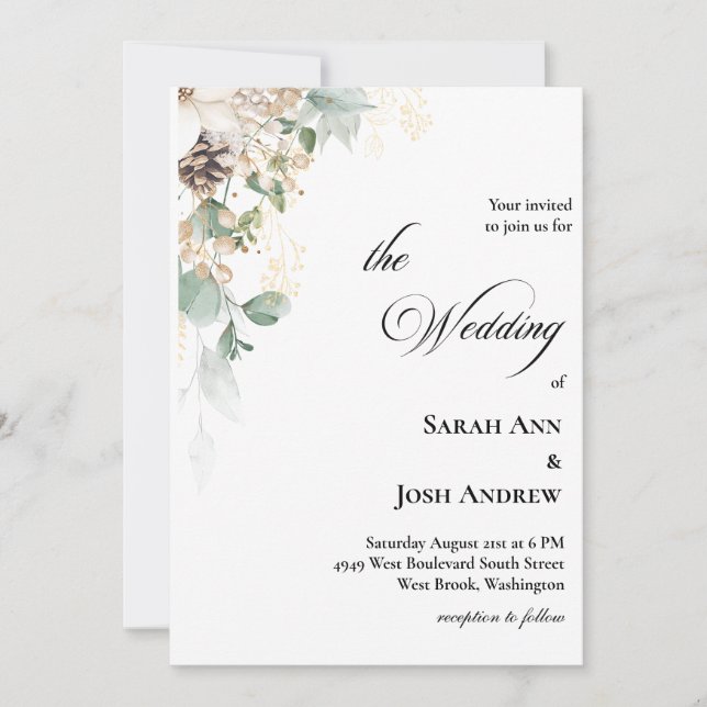 Winter Gold Floral Wedding Einladung (Vorderseite)