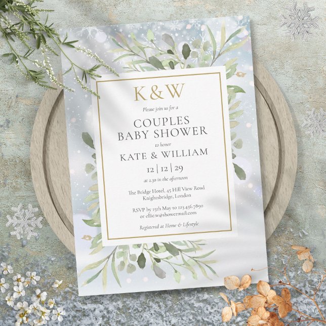 Winter Gold Monogram Greenerenery Couples Kinderdu Einladung (Winter Gold Monogram Greenery Couples Baby Shower Invitation)