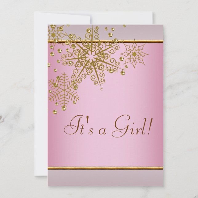 Winter Gold Pink Snowflakes Baby Girl Dusche Einladung (Vorderseite)