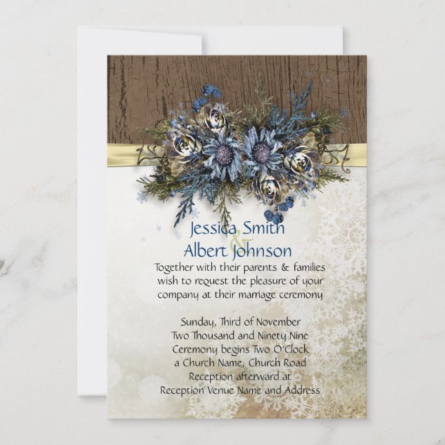 Winter Gold Ribbon Blue Floral Wedding Invitation (Devant)