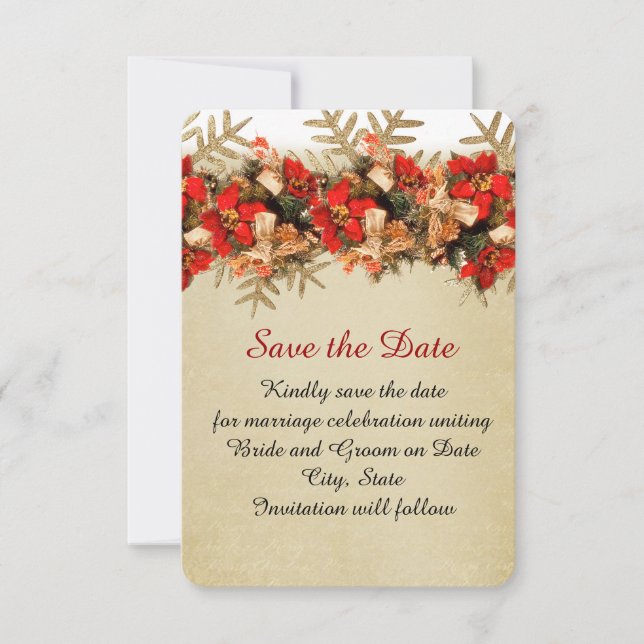 Winter Gold/Rot-Ornamente Save the Date (Vorderseite)