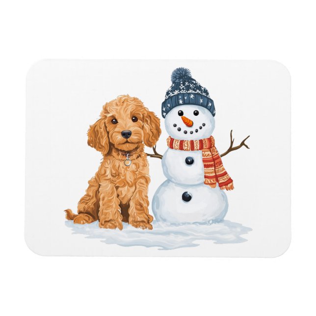 Winter Goldendoodle Dog Cute Snowman Magnet (Horizontal)