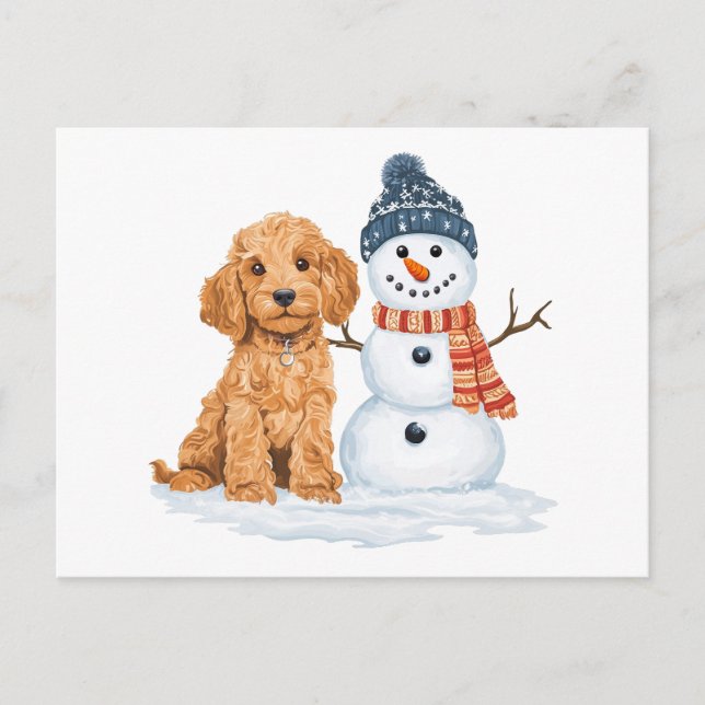 Winter Goldendoodle Dog Cute Snowman Postkarte (Vorderseite)