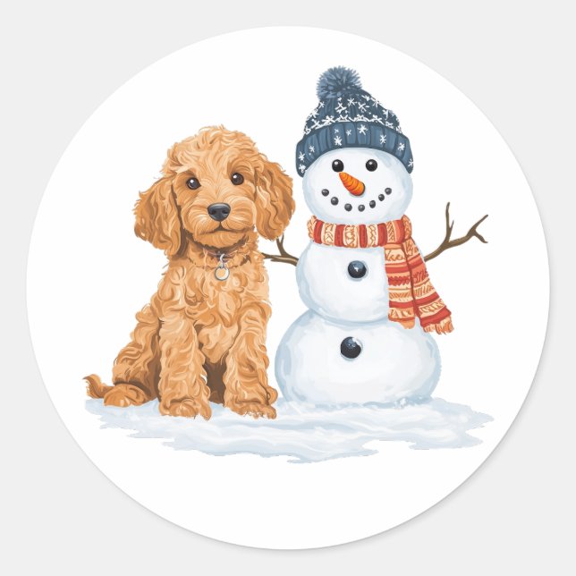 Winter Goldendoodle Dog Cute Snowman Runder Aufkleber (Vorderseite)