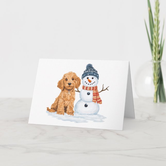 Winter Goldendoodle Hund süßer Schneemann Karte (Vorderseite)